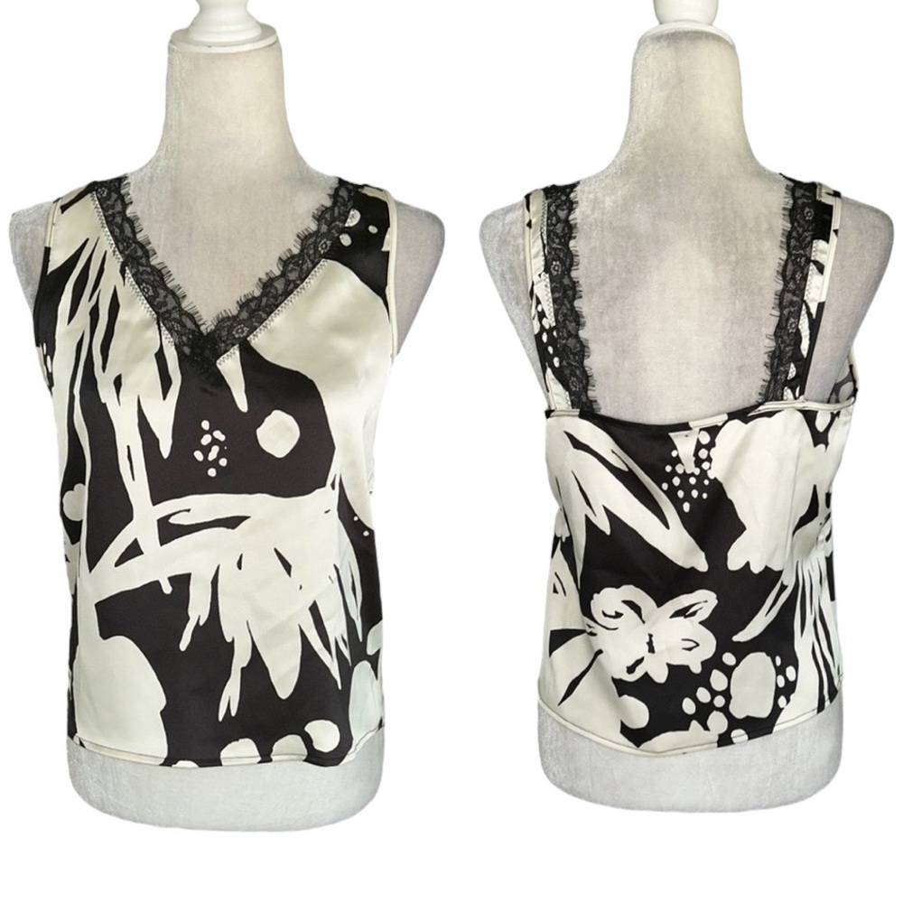 NWT JOIE Black & Off White Silky Satin Fringe Lace Crop Tank Top Camisole - XS
